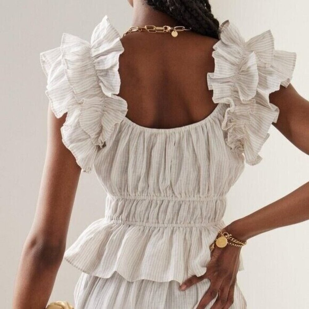 Ulla Johnson Paloma Ruffled Peplum Linen Top Neutral Sand - Picture 6 of 12